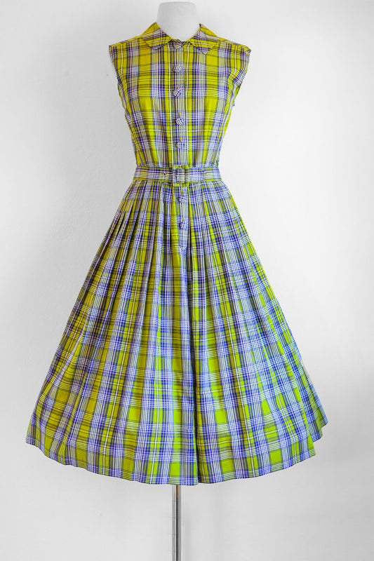 Vintage 1950s Dress - Blue Chartreuse Pink Plaid Soft Cotton Shirtwaist w Belt Size M