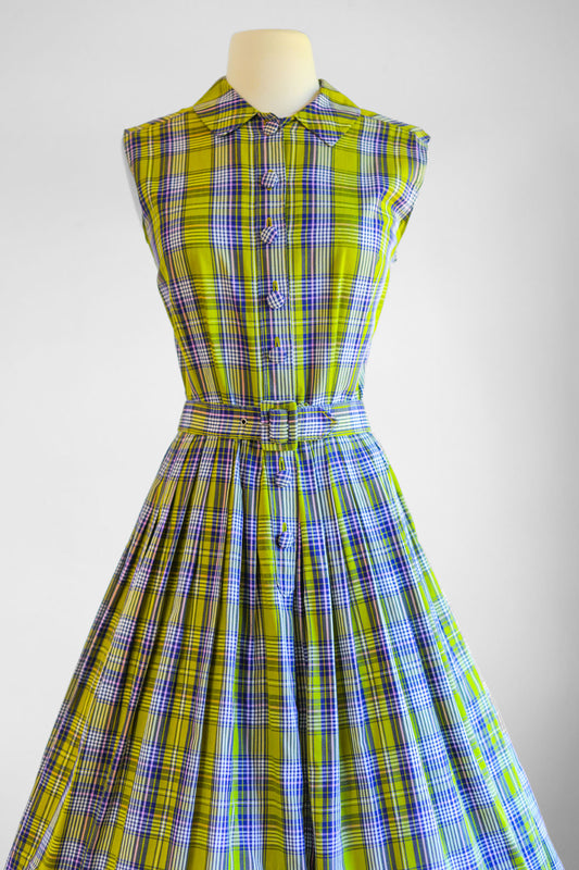 Vintage 1950s Dress - Blue Chartreuse Pink Plaid Soft Cotton Shirtwaist w Belt Size M