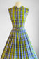 Vintage 1950s Dress - Blue Chartreuse Pink Plaid Soft Cotton Shirtwaist w Belt Size M