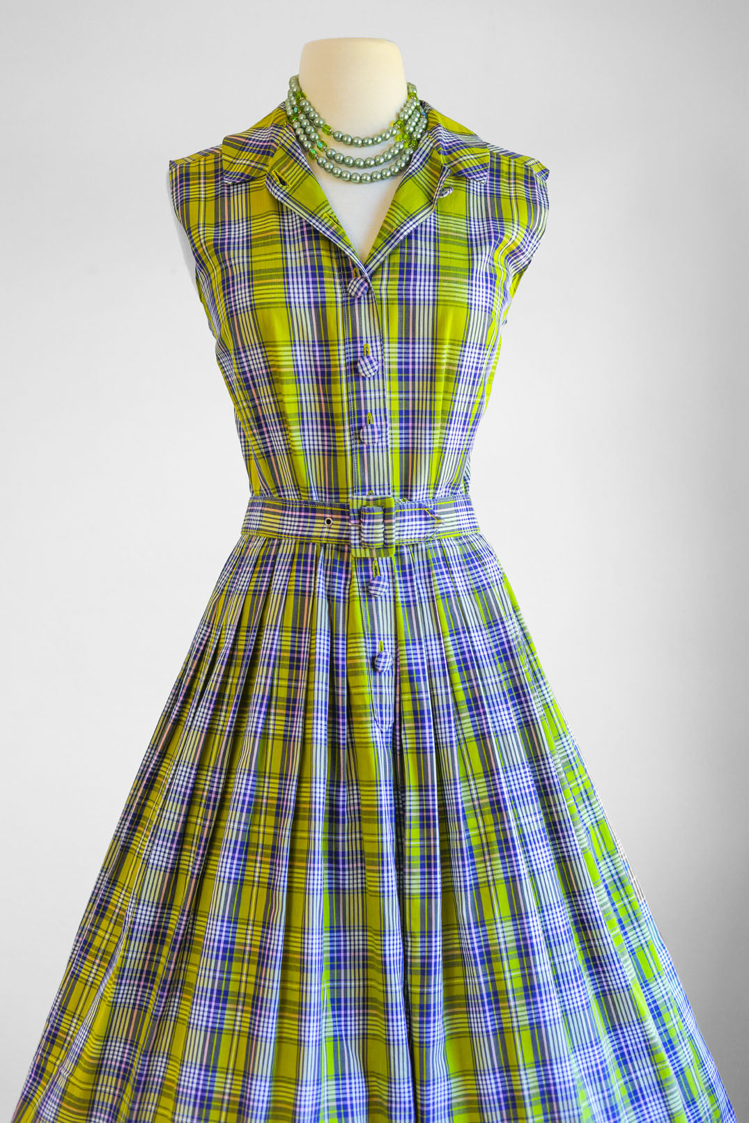 Vintage 1950s Dress - Blue Chartreuse Pink Plaid Soft Cotton Shirtwaist w Belt Size M