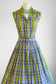 Vintage 1950s Dress - Blue Chartreuse Pink Plaid Soft Cotton Shirtwaist w Belt Size M