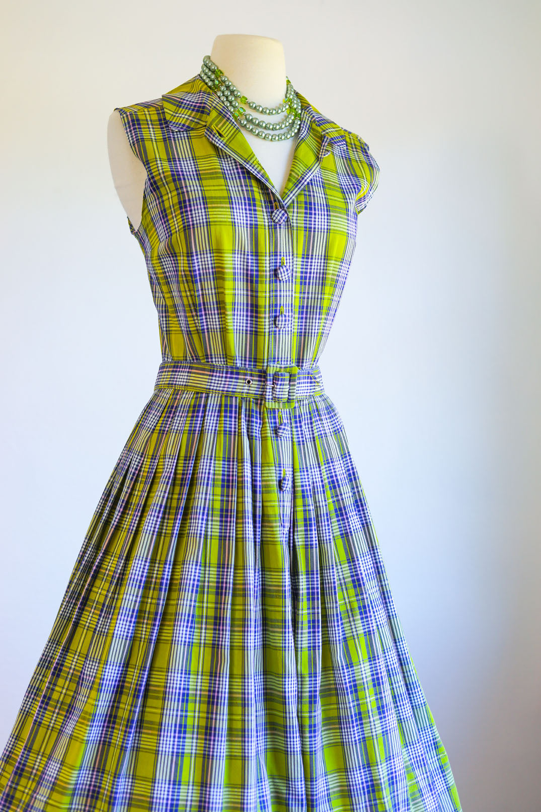 Vintage 1950s Dress - Blue Chartreuse Pink Plaid Soft Cotton Shirtwaist w Belt Size M