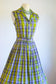 Vintage 1950s Dress - Blue Chartreuse Pink Plaid Soft Cotton Shirtwaist w Belt Size M