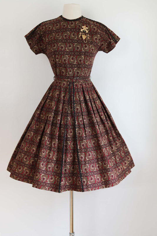 Vintage 1950s Dress - DARLING Wine Black + Olive Pixelated Print Cotton Full Skirt Belted Dress Size S