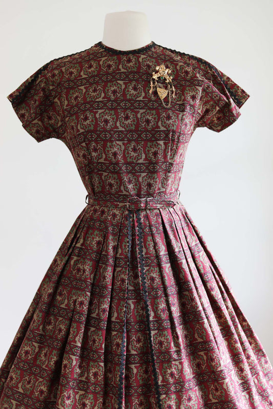 Vintage 1950s Dress - DARLING Wine Black + Olive Pixelated Print Cotton Full Skirt Belted Dress Size S
