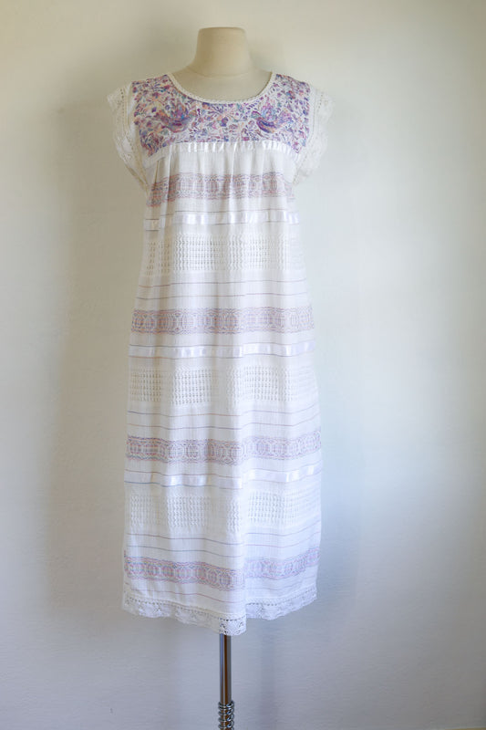 Vintage 1970s Mexican Tunic Dress - Gorgeous Gauzy Cotton Embroidered Unicorn Colors Huipil w Novelty Birds Size XS to M Range