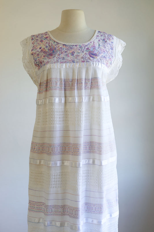 Vintage 1970s Mexican Tunic Dress - Gorgeous Gauzy Cotton Embroidered Unicorn Colors Huipil w Novelty Birds Size XS to M Range