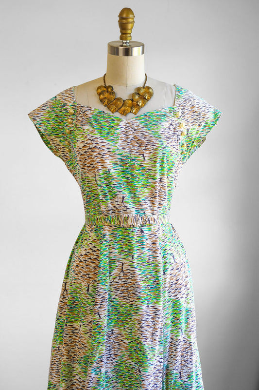 Vintage 1940s to 1950s Dress - Escher Style Novelty Print Summer to Autumn Trees Cotton Sundress Size S