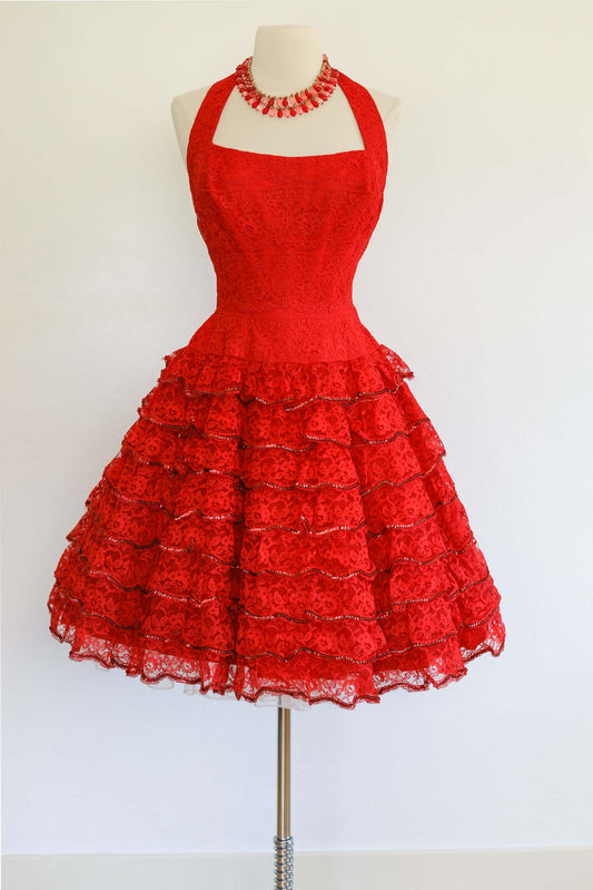 Vintage 1950s Dress - CABARET Dancer! Rockin' Red Lace Halter Dress w Tiers of Sequins Size XS to S