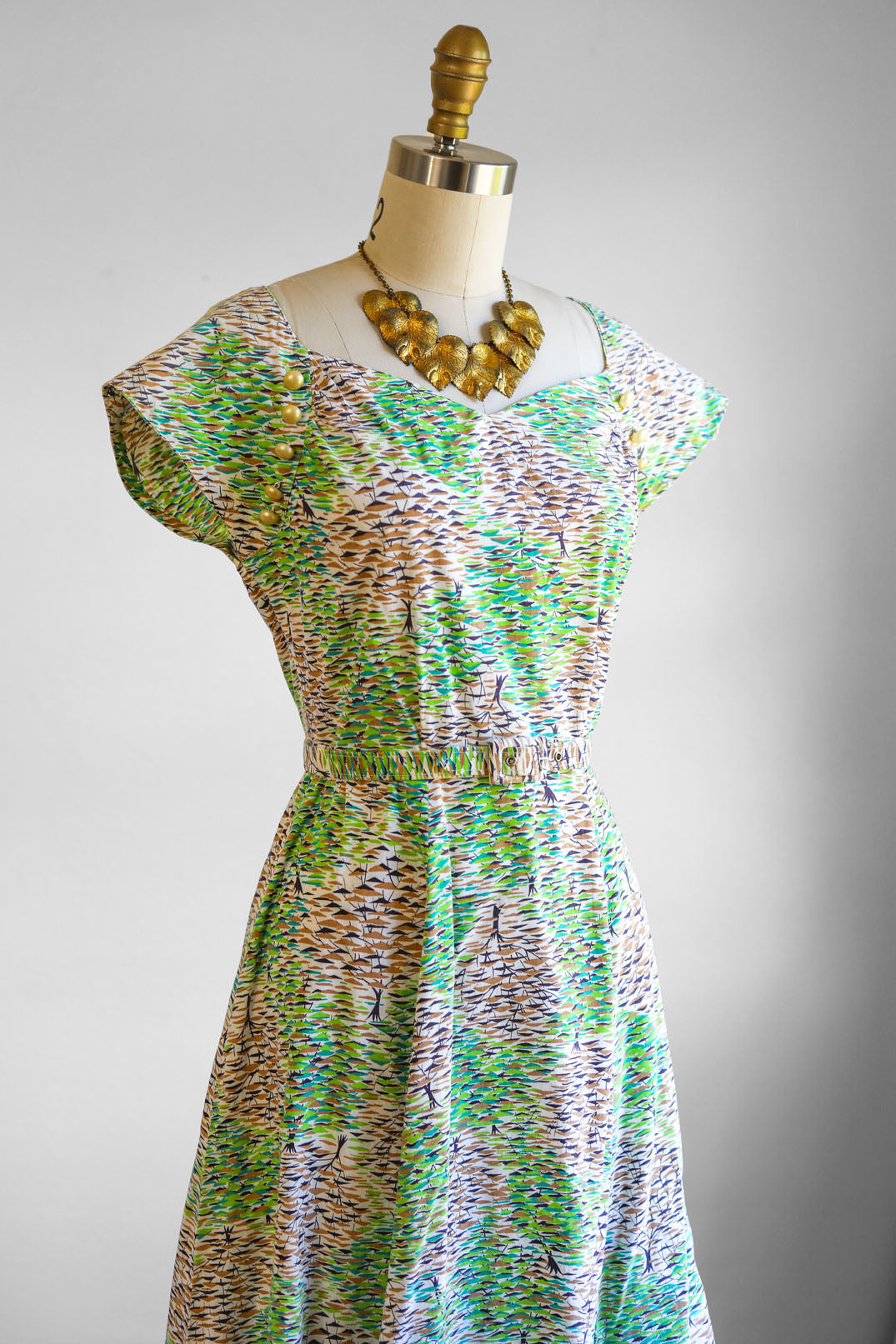 Vintage 1940s to 1950s Dress - Escher Style Novelty Print Summer to Autumn Trees Cotton Sundress Size S