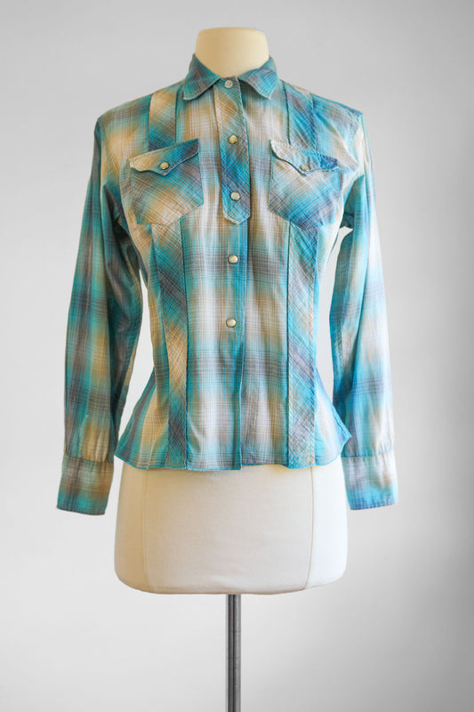 Vintage 1950s to 1960s H Bar C Blouse - Aqua Silver Western Cotton Fitted Pearl Snap Top Size S to M