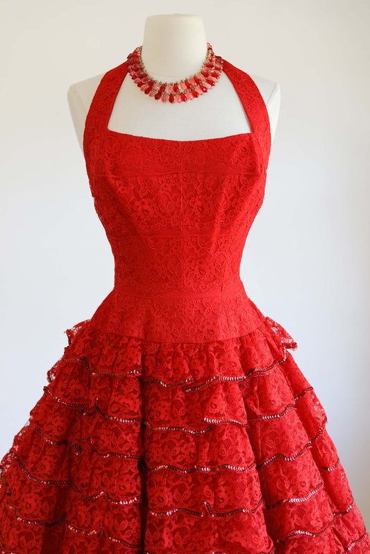 Vintage 1950s Dress - CABARET Dancer! Rockin' Red Lace Halter Dress w Tiers of Sequins Size XS to S