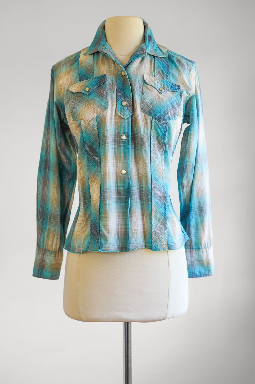 Vintage 1950s to 1960s H Bar C Blouse - Aqua Silver Western Cotton Fitted Pearl Snap Top Size S to M