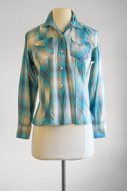 Vintage 1950s to 1960s H Bar C Blouse - Aqua Silver Western Cotton Fitted Pearl Snap Top Size S to M