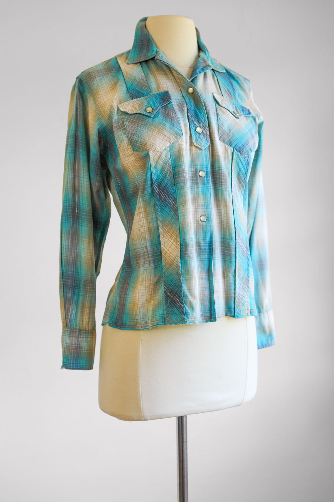 Vintage 1950s to 1960s H Bar C Blouse - Aqua Silver Western Cotton Fitted Pearl Snap Top Size S to M