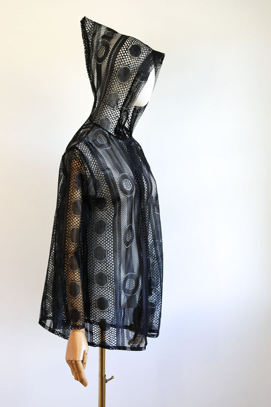 Vintage 1960s to 1970s Hooded Jacket - Summer Goth Black Pointy Hood Mystical Moon Cover-Up Size XS to M