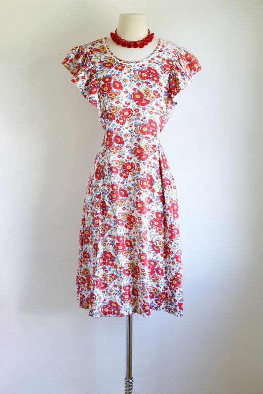 Vintage 1930s Dress - Darling Cotton Feed Sack Red Yellow Blue Princess Floral Print Sundress Size M to L