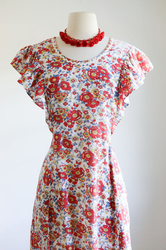 Vintage 1930s Dress - Darling Cotton Feed Sack Red Yellow Blue Princess Floral Print Sundress Size M to L