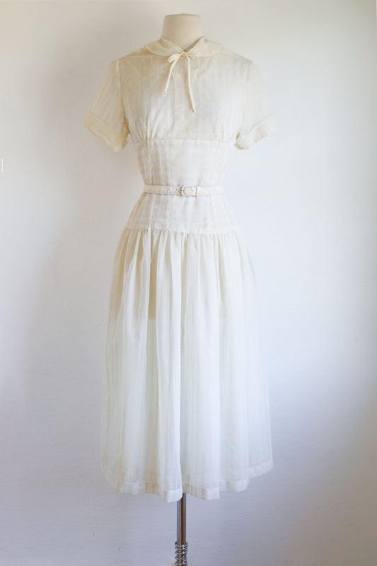 Vintage 1950s Dress - Ivory Sheer Flocked Chiffon Delicate Day Dress Size M