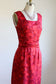 Vintage 1950s Dress - Luxe Scarlet Red Rose Print Silk Cocktail Wiggle Dress w Open Back Size XS to S