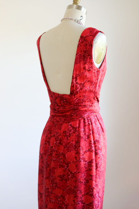 Vintage 1950s Dress - Luxe Scarlet Red Rose Print Silk Cocktail Wiggle Dress w Open Back Size XS to S