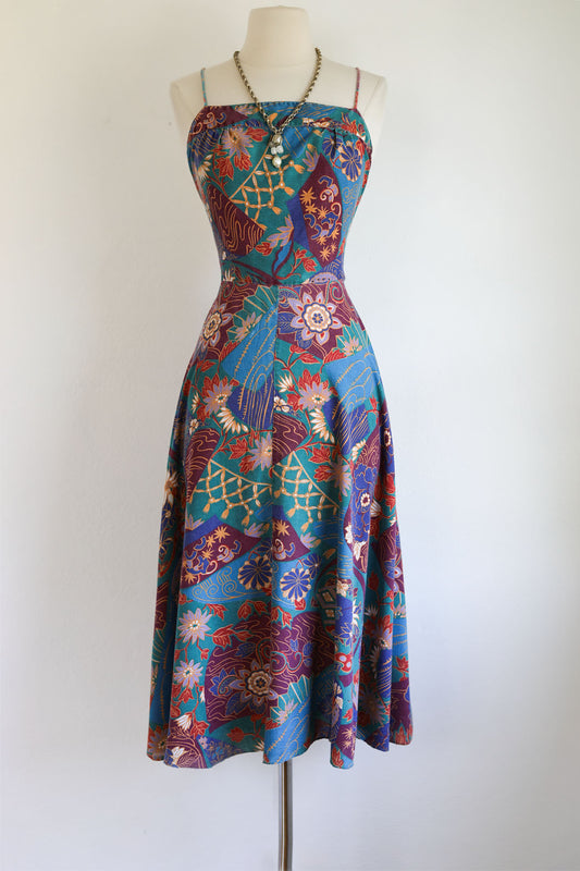 Vintage 1970s Dress - Jeweltone Patchwork Print Cotton Blend Strappy Open Back Sundress Size M to L