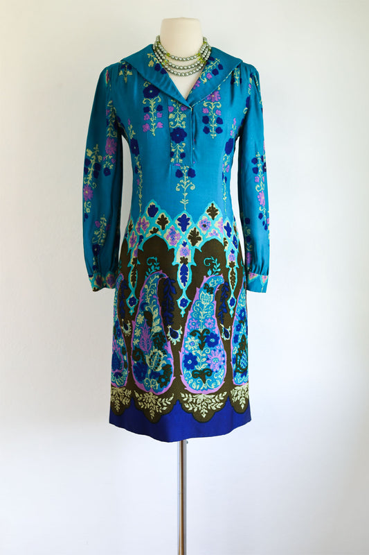 Vintage 1960s Dress - Glowing Thai Custom Peacock Colors Border Print Cocktail Day Dress Size M