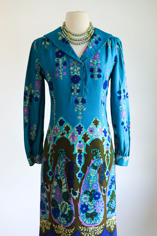 Vintage 1960s Dress - Glowing Thai Custom Peacock Colors Border Print Cocktail Day Dress Size M