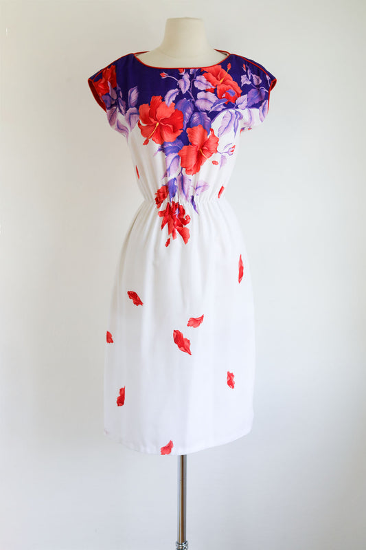 Vintage 1970s Dress - Purple + Scarlet Floral Falling Petal Hibiscus Border Print Rayon Sundress Size S to M
