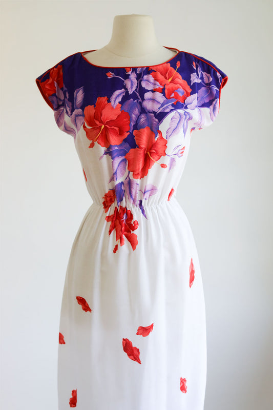Vintage 1970s Dress - Purple + Scarlet Floral Falling Petal Hibiscus Border Print Rayon Sundress Size S to M