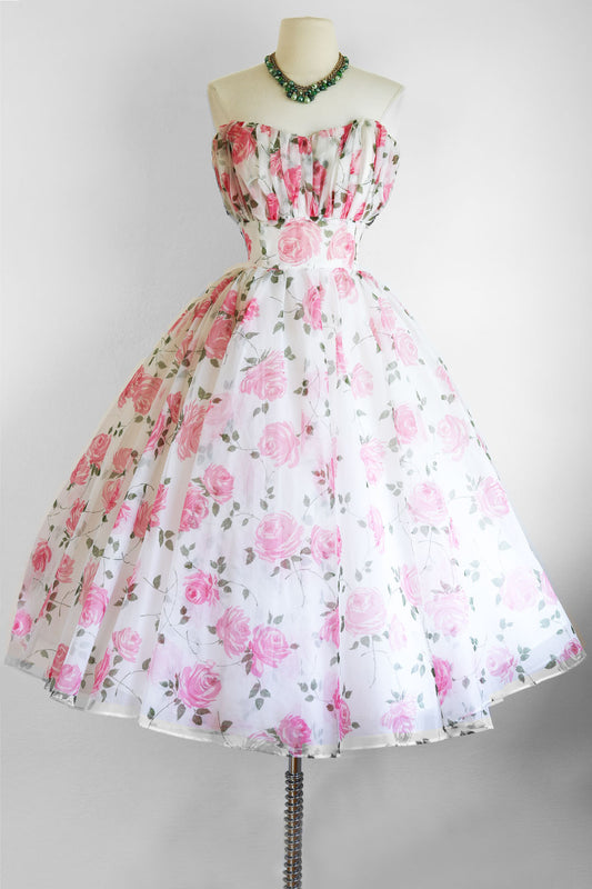Vintage 1950s Dress - Rare Pink Olive Rose Print Chiffon Strapless Tea Length Wedding Party Prom Gown + Wrap Size M to L