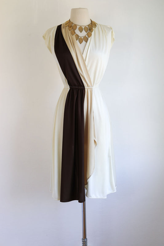 Vintage 1970s Dress - Grecian Goddess Draped Color Block Jersey Knit Chocolate Cream Size S to L