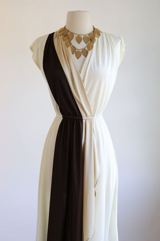 Vintage 1970s Dress - Grecian Goddess Draped Color Block Jersey Knit Chocolate Cream Size S to L