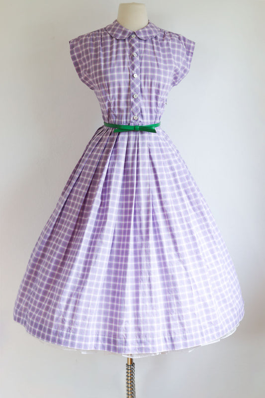 Vintage 1950s Dress - Lavender Green White Cotton Sleeveless Plaid Shirtwaist Sundress Size M