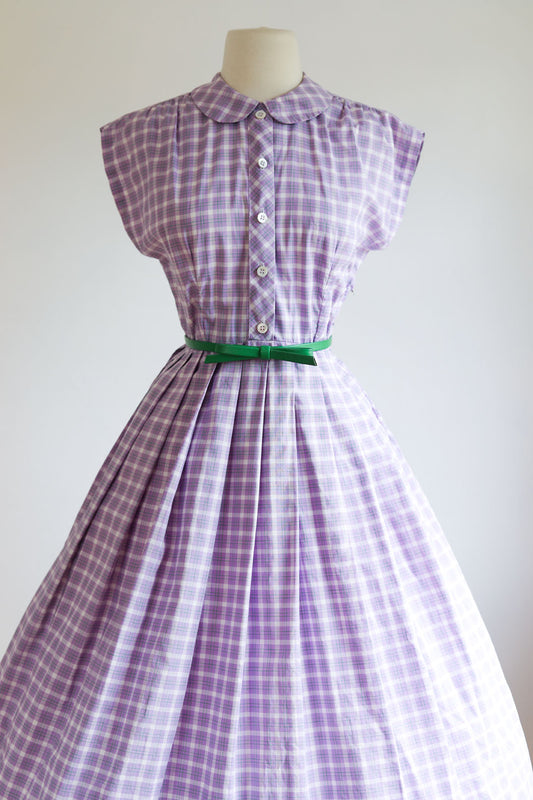 Vintage 1950s Dress - Lavender Green White Cotton Sleeveless Plaid Shirtwaist Sundress Size M