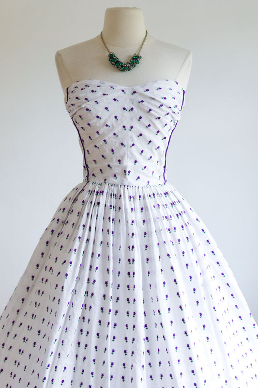 Vintage 1950s Dress - Crisp Purple Green Embroidered Rose Cabana Original Designer Strapless Cotton Sundress Size XS to S