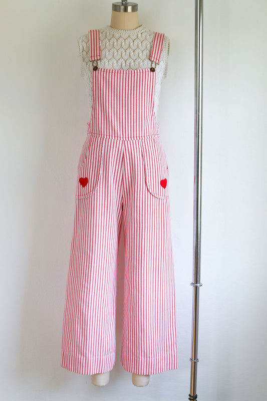 Vintage 1970s Wide Leg Jumpsuit - Candy Pink Hickory Stripe Cotton Bell Bottom Overalls Size XS to S
