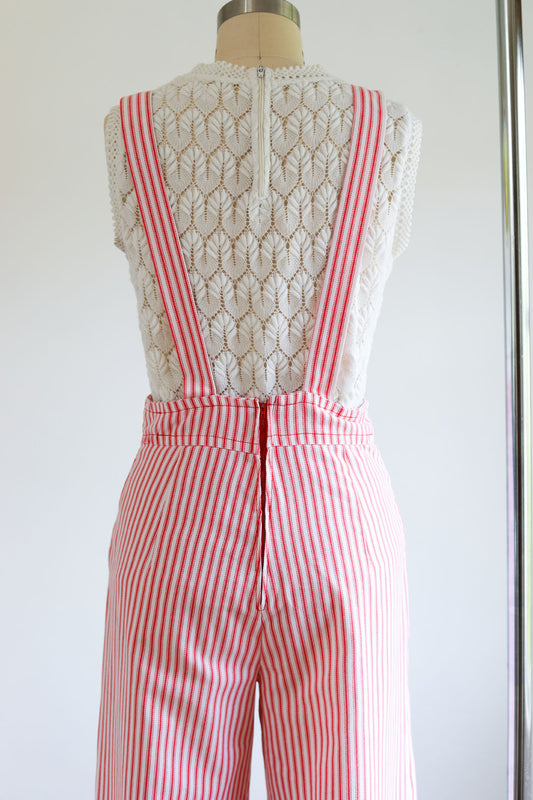 Vintage 1970s Wide Leg Jumpsuit - Candy Pink Hickory Stripe Cotton Bell Bottom Overalls Size XS to S