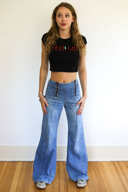 Vintage 1970s Denim Jeans - Double Zipper Front Cotton Bell Bottoms Flares Pants Size S - Waist 26"