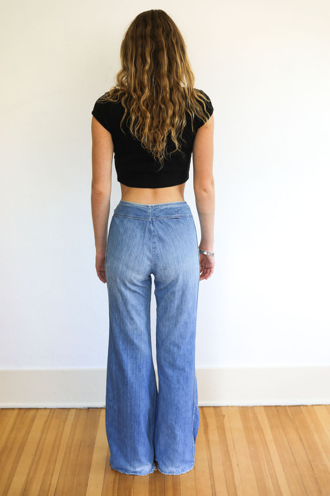 Vintage 1970s Denim Jeans - Double Zipper Front Cotton Bell Bottoms Flares Pants Size S - Waist 26"