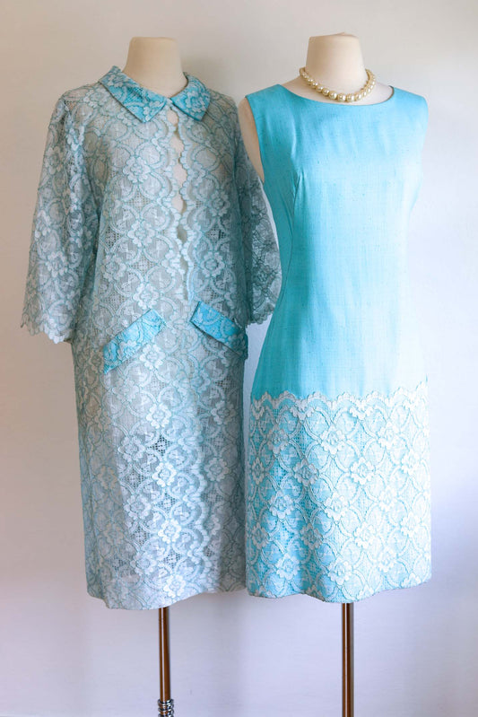 Vintage 1960s Dress + Jacket Set - SOPHISTICATED Robin's Egg Blue Sculpted Sheath + Lace Coat Size L