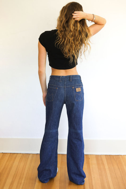 Vintage 1970s Denim Jeans - Maverick Dark Cotton Bell Bottoms Flares Pants Size M - Waist 28"/29"