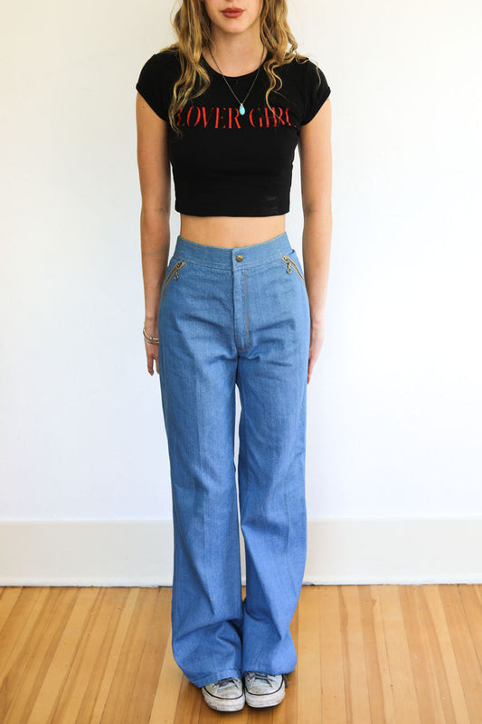 Vintage 1970s Denim Jeans - Deadstock "Over the Top" Cotton Quadruple Zipper Wide Leg Pants Size L Waist 32"/34"