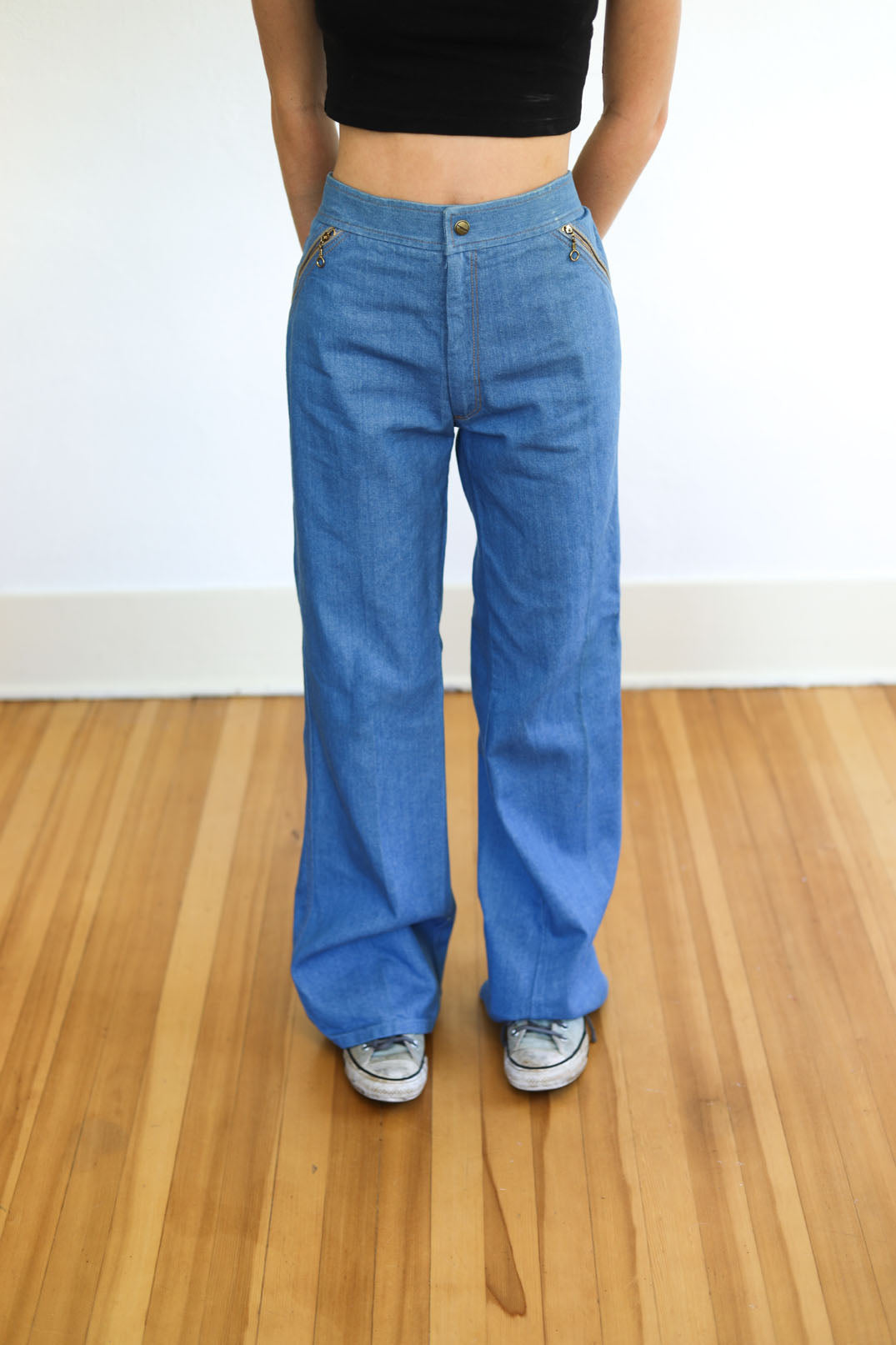 Vintage 1970s Denim Jeans - Deadstock "Over the Top" Cotton Quadruple Zipper Wide Leg Pants Size L Waist 32"/34"