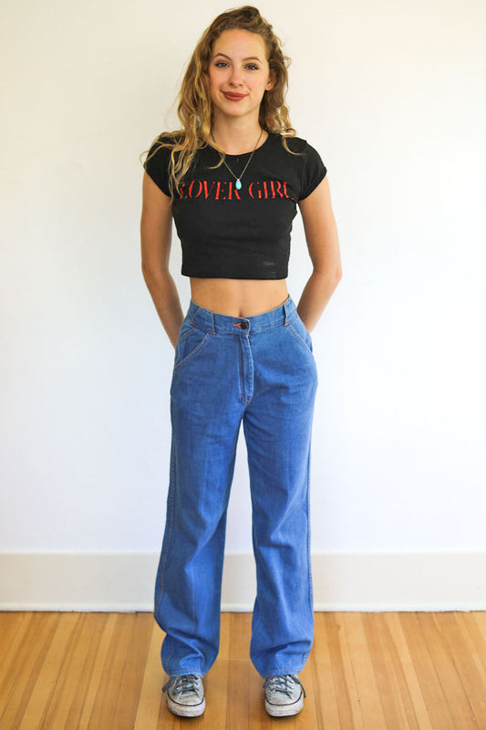 Vintage 1970s Denim Jeans - Medium Blue Cotton Wide Leg Double Booty Zippers Size S Waist 26"/27"
