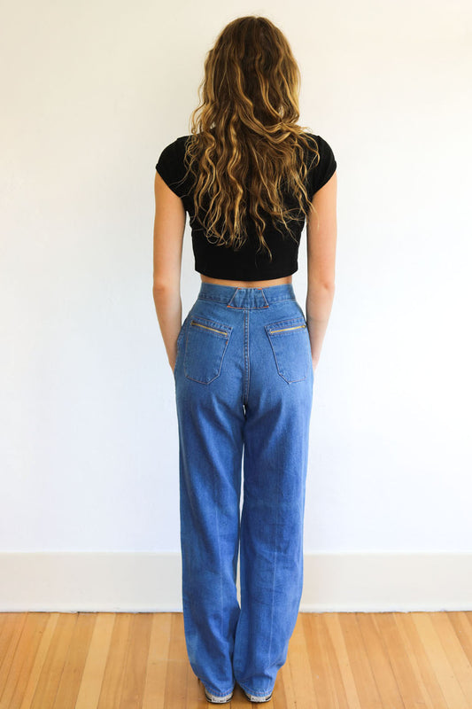 Vintage 1970s Denim Jeans - Medium Blue Cotton Wide Leg Double Booty Zippers Size S Waist 26"/27"