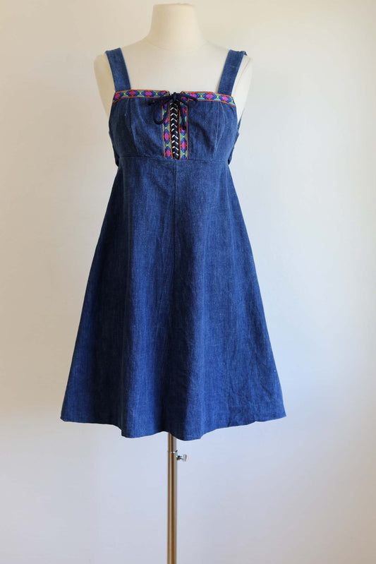 Vintage 1970s Jumper Dress - LACE-UP Denim Cotton A-line Pinafore or Sundress Size XS