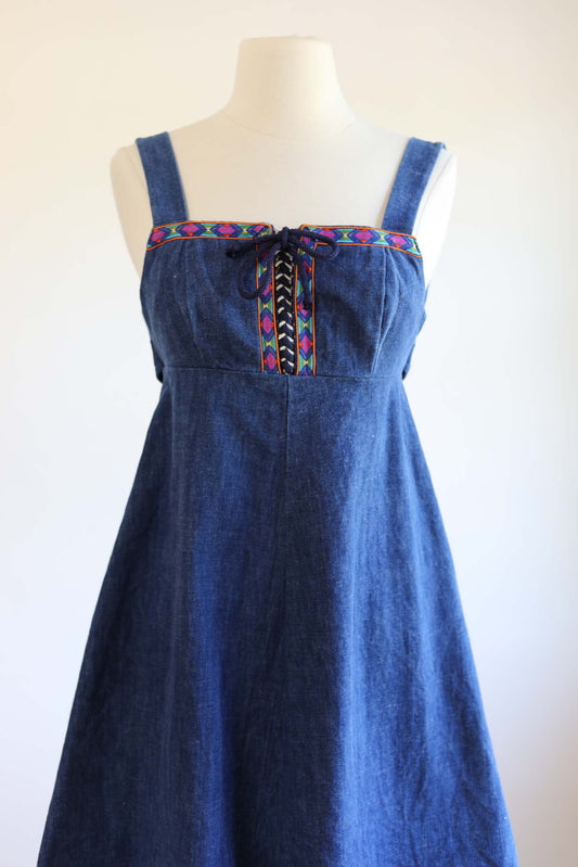 Vintage 1970s Jumper Dress - LACE-UP Denim Cotton A-line Pinafore or Sundress Size XS