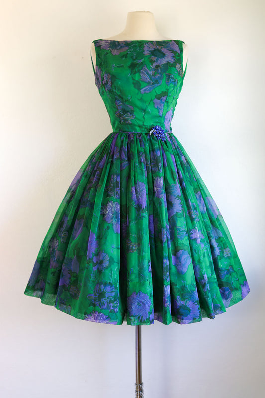 Vintage 1950s to 1960s Dress - Saturated Emerald + Cobalt Peony Floral Print Chiffon Prom Party Sundress Size S to M