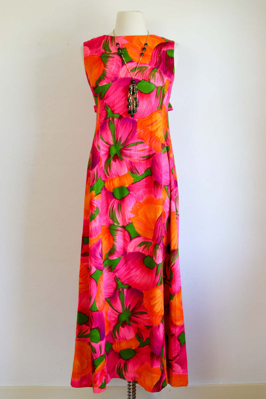 Vintage 1960s Maxi Dress - DAY-GLO HAWAIIAN! Barkcloth Watteau Princess Seam Sundress Size S to M
